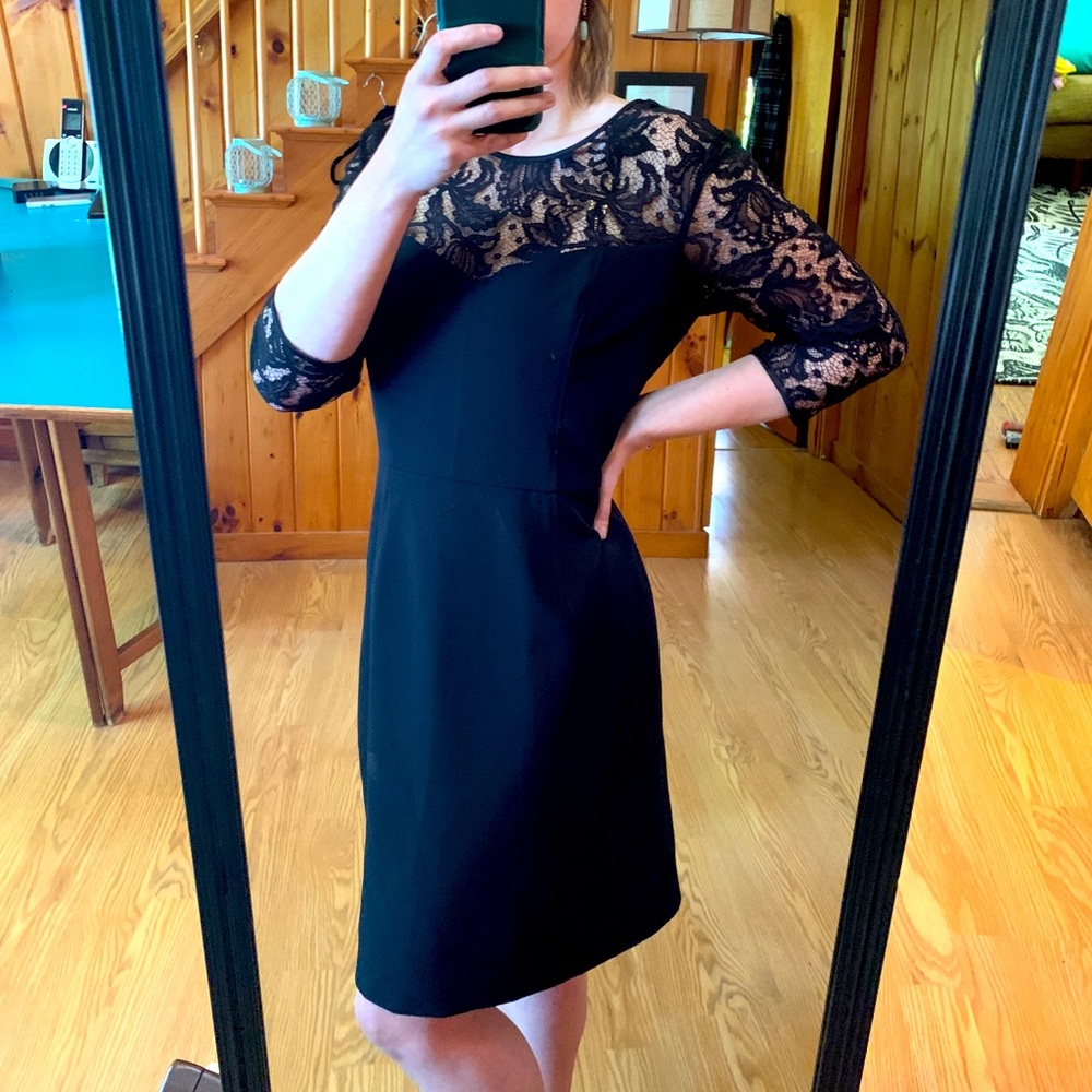 Elegant black Adrianna Papell dress with lace sleeves